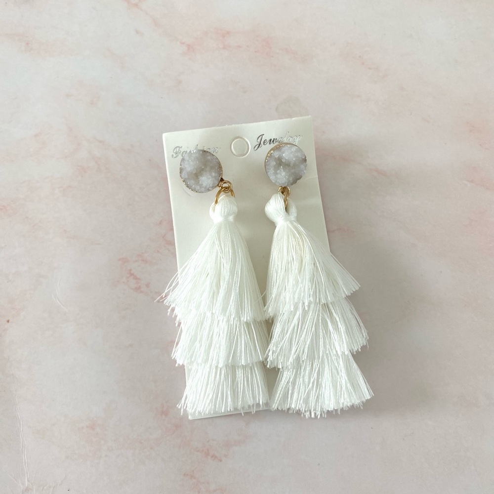 White Layered Tassel Statement Earrings